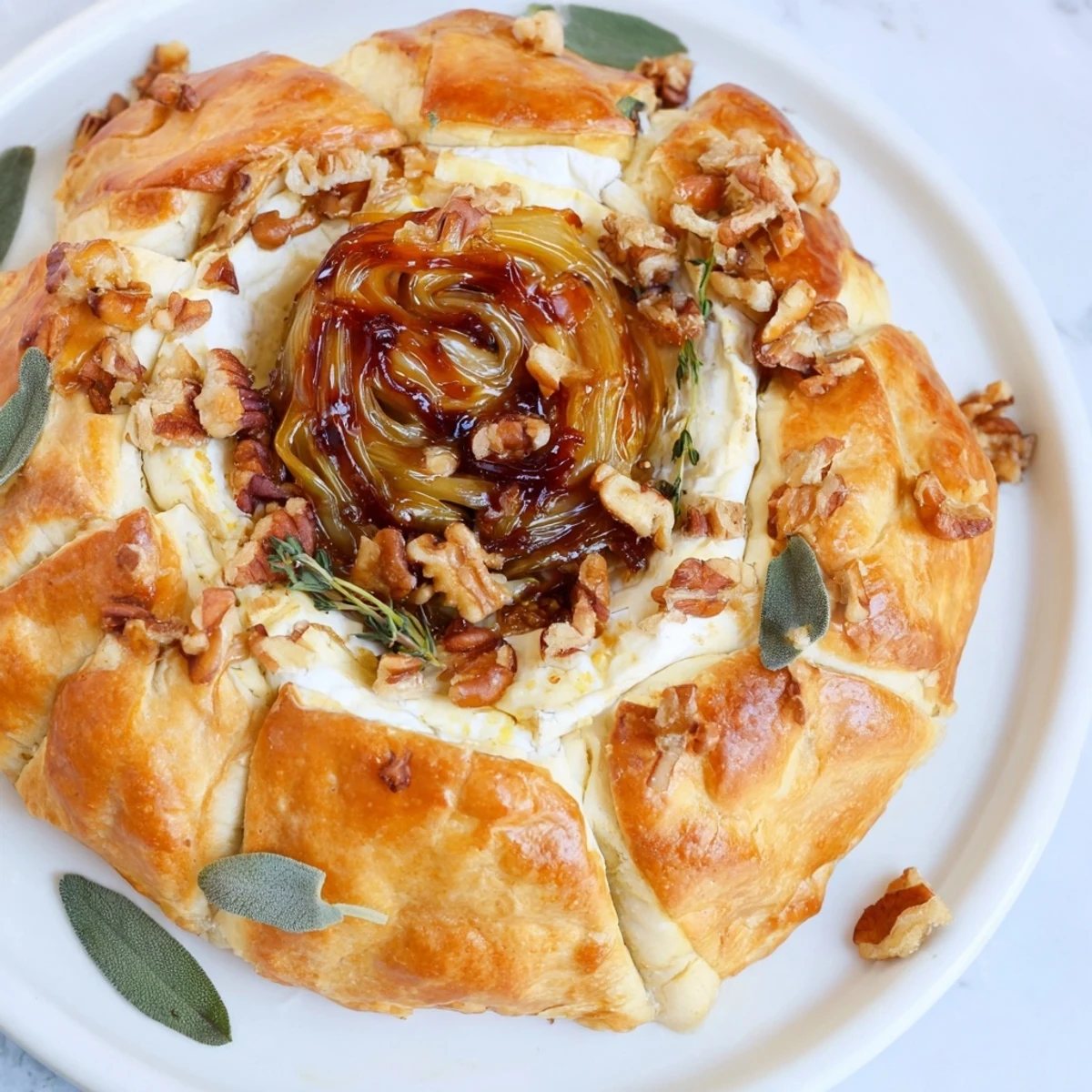 Close-up of baked Brie with fig jam swirl; the pastry looks flaky and the cheese is oozing.