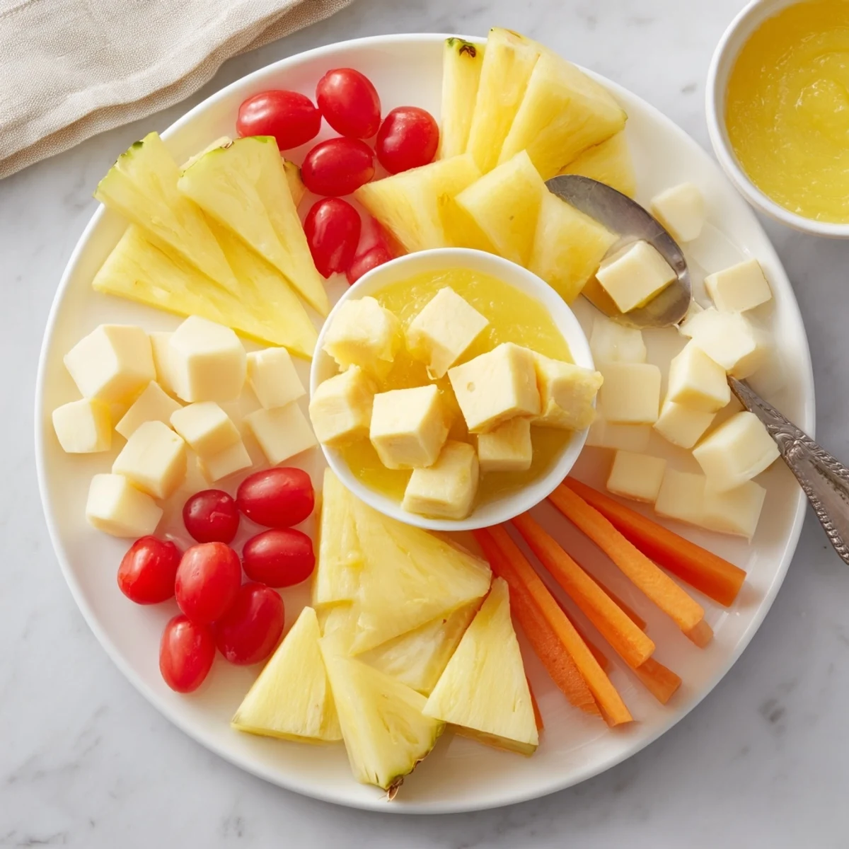 Beautifully arranged Citrus Burst appetizer, overflowing with fresh fruit and tempting yellow ingredients.
