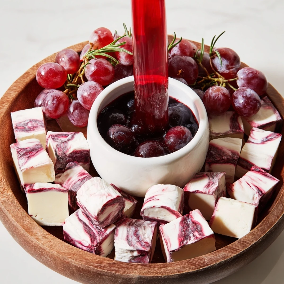 Beautifully presented Ruby Red Wine Stain Board, showcasing cheeses, salami, and grapes stained with red wine.
