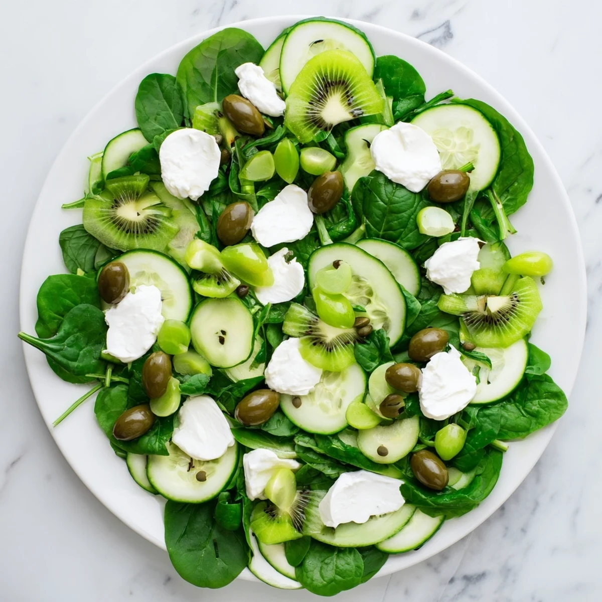 This Emerald Isle Greenscape salad showcases fresh greens, kiwi, and grapes, with creamy mozzarella "river".