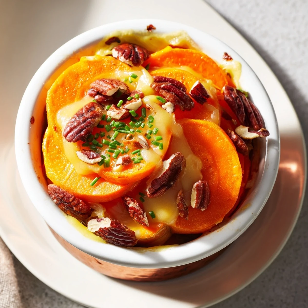 Vibrant Copper Penny Warmth with melted cheddar and roasted sweet potatoes, perfect for fall.