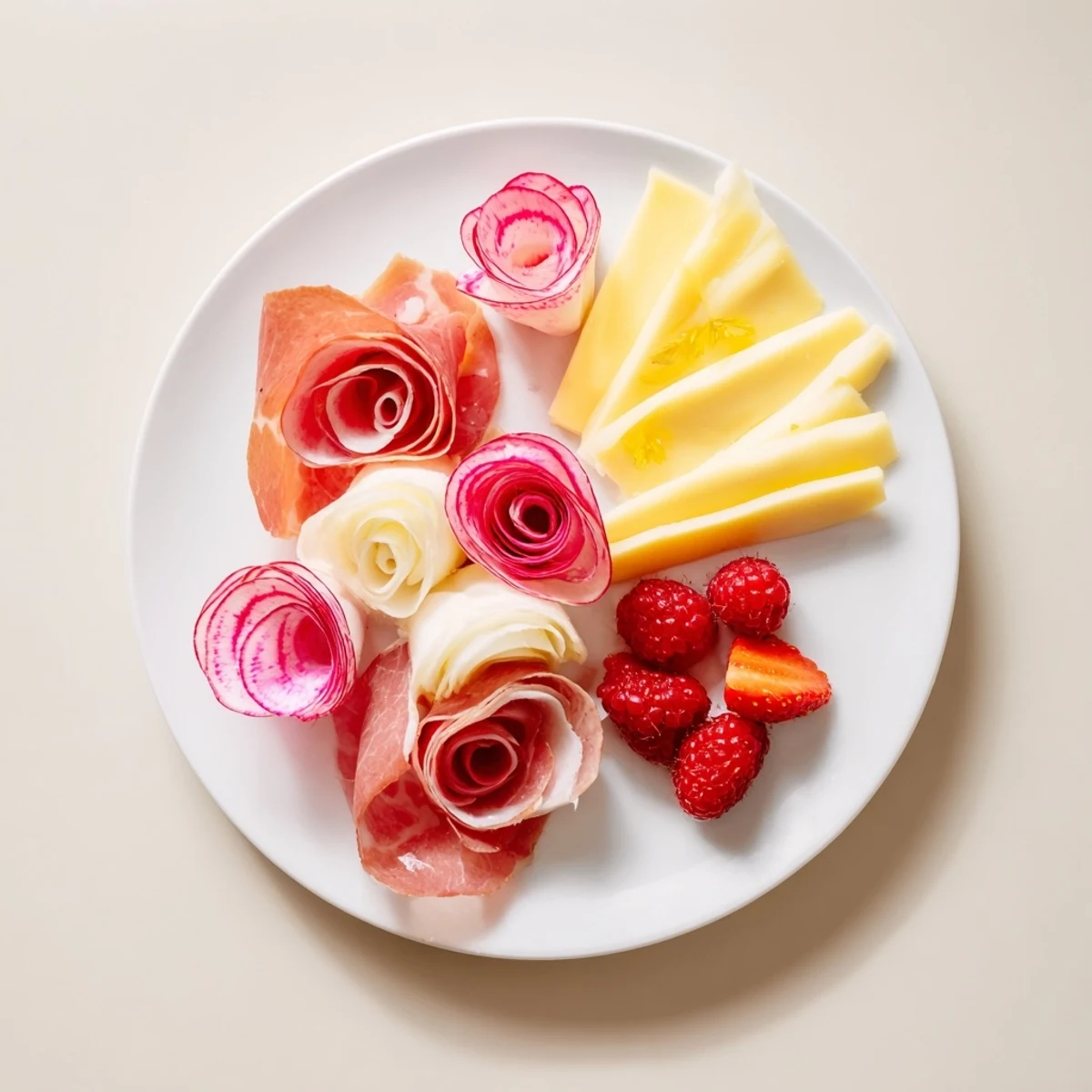 This elegant Pink Petal Watercolor Wash appetizer showcases artful arrangement of charcuterie and fresh fruit for an elevated brunch.