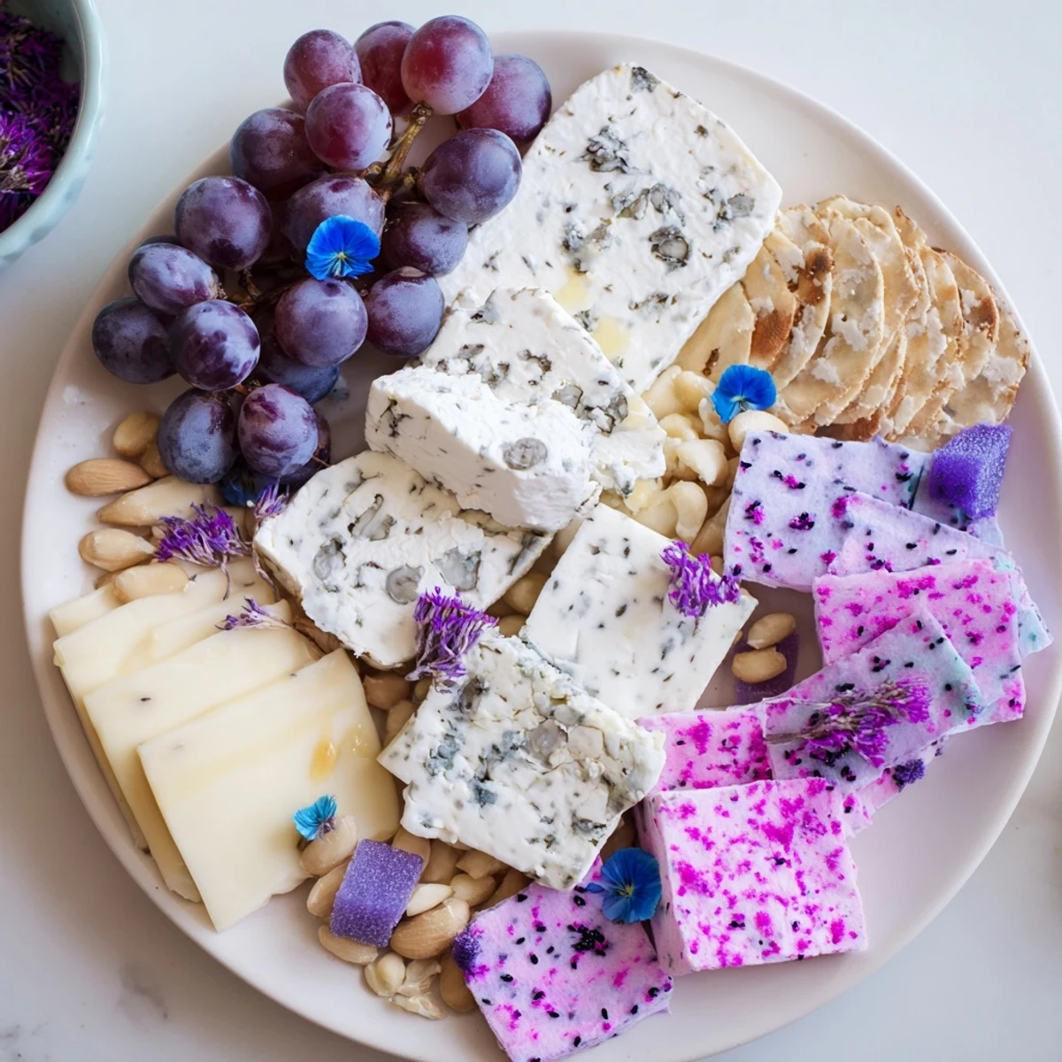 Dreamy Lavender Haze Dreamscape cheese board arranged with purple grapes, fresh berries, and creamy cheeses for serving.