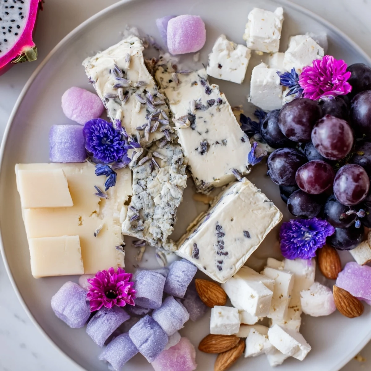 This Lavender Haze Dreamscape boasts colorful fruits, soft cheeses and edible flowers, creating an elegant appetizer.