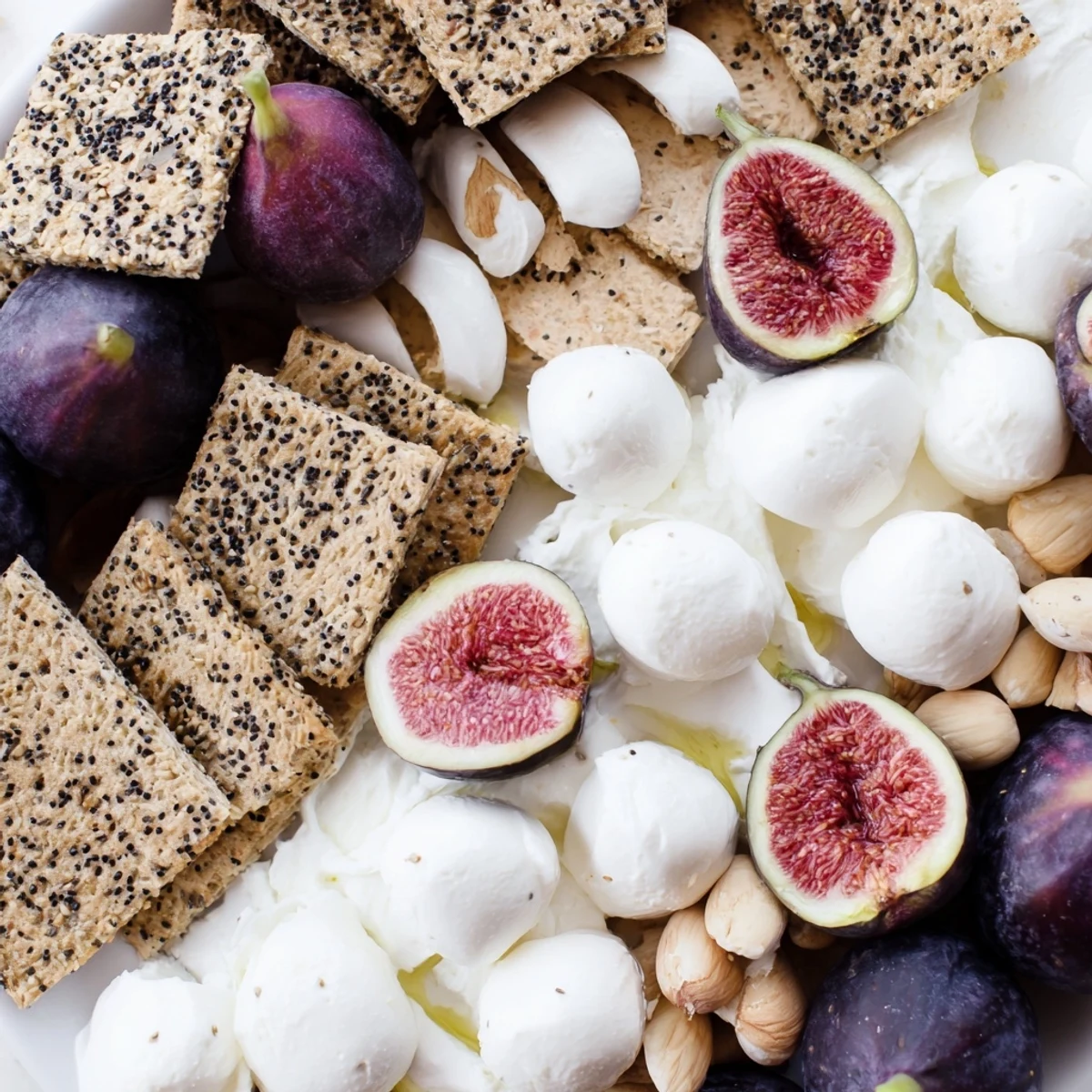 Elegant Black and White Formal Affair appetizer platter, featuring fresh mozzarella and olives.