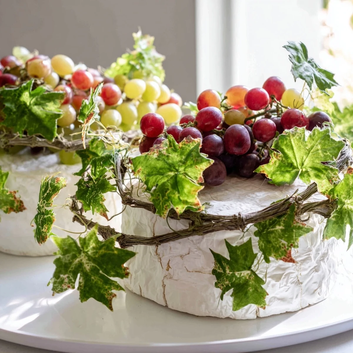 Fresh grape clusters nestle around rustic cheese wheels in a The Rustic Vineyard appetizer spread.