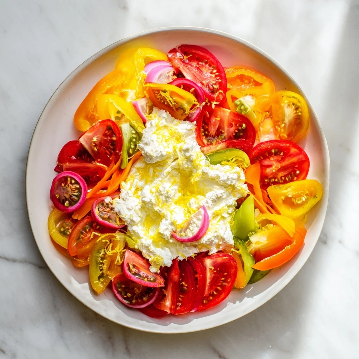 Vibrant Prism Burst salad with fresh, colorful layers fanned out from a creamy white center.