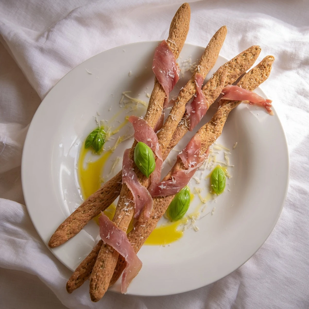 Golden Gate appetizer: Breadsticks form towers, connected by savory prosciutto, great for parties.