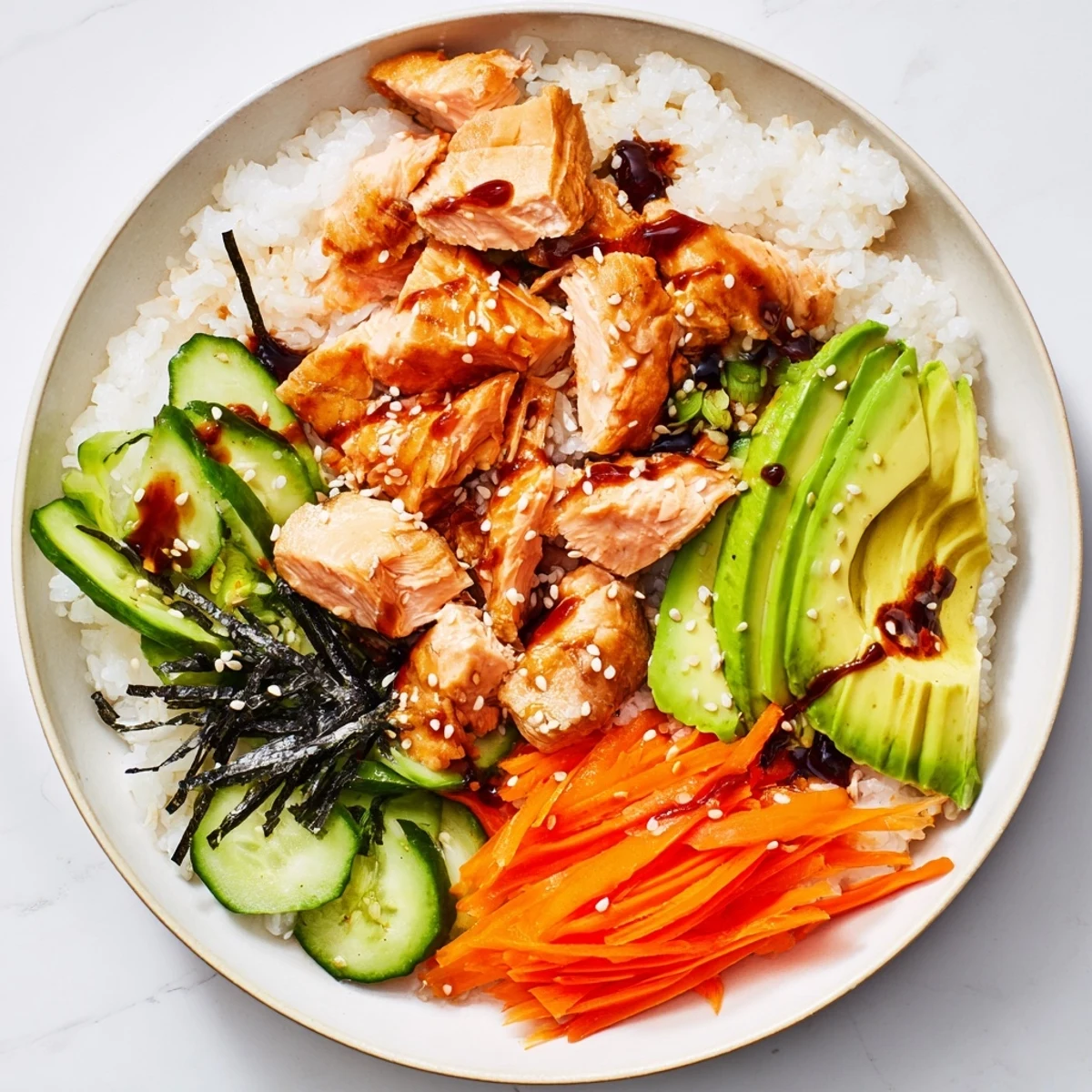 Flaky salmon, juicy chicken sit atop rice in this delicious Japanese-style bowl.