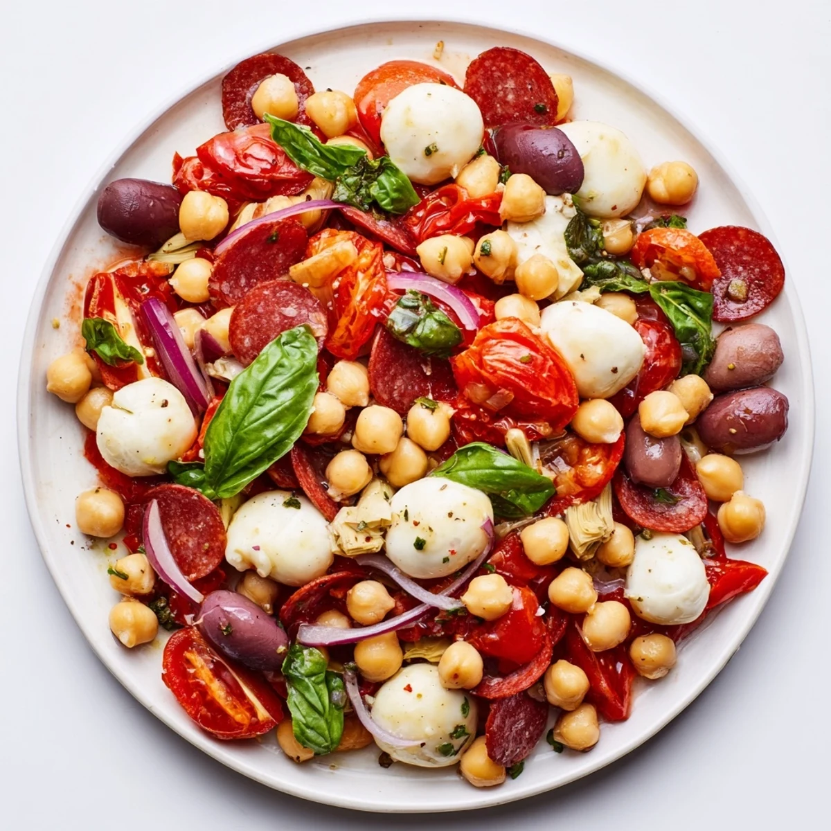 Vibrant Antipasto Chickpea Salad overflowing with colorful vegetables, pepperoni, and creamy mozzarella.