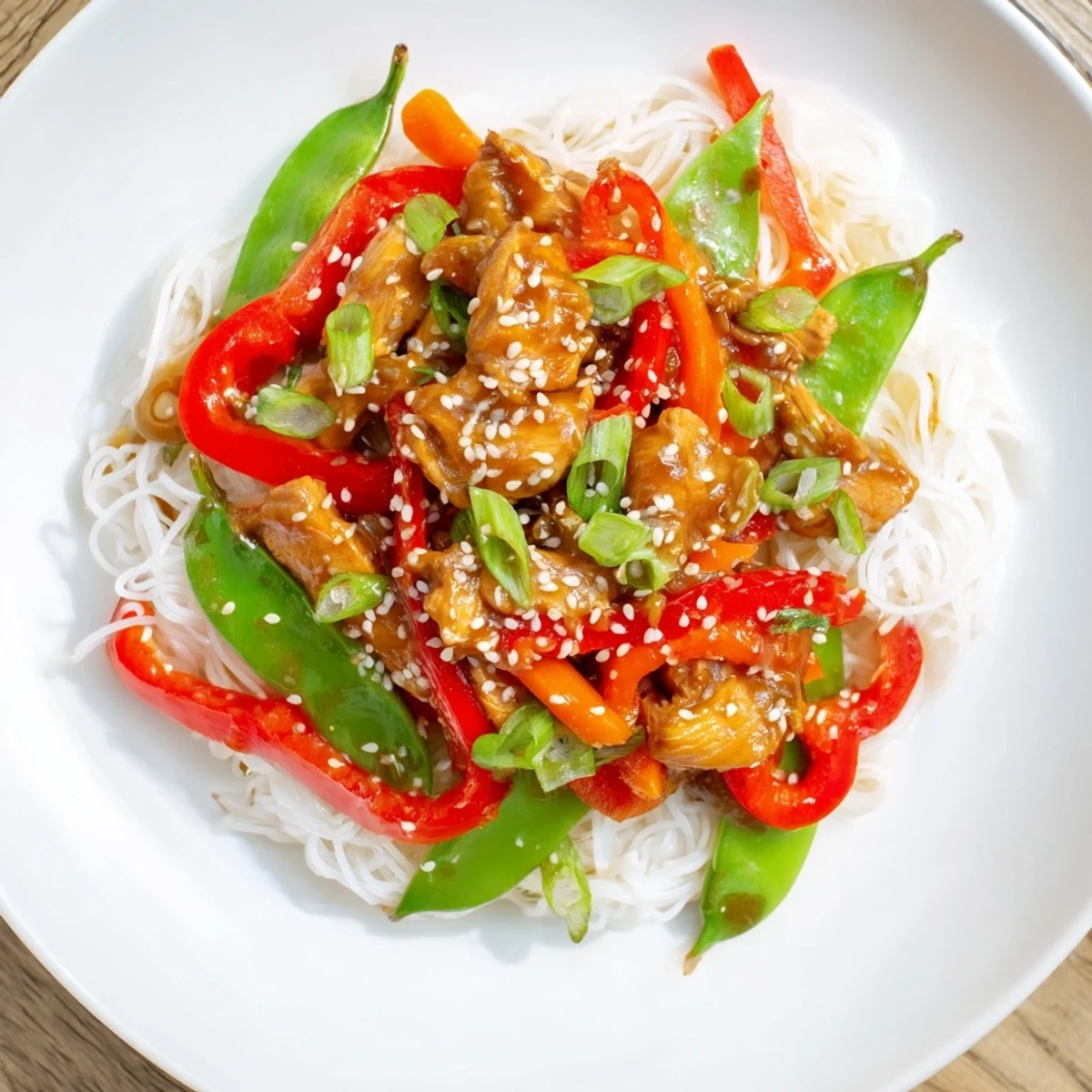 A delicious bowl of Mongolian Chicken, with noodles and a medley of stir-fried vegetables, ready to serve and enjoy.