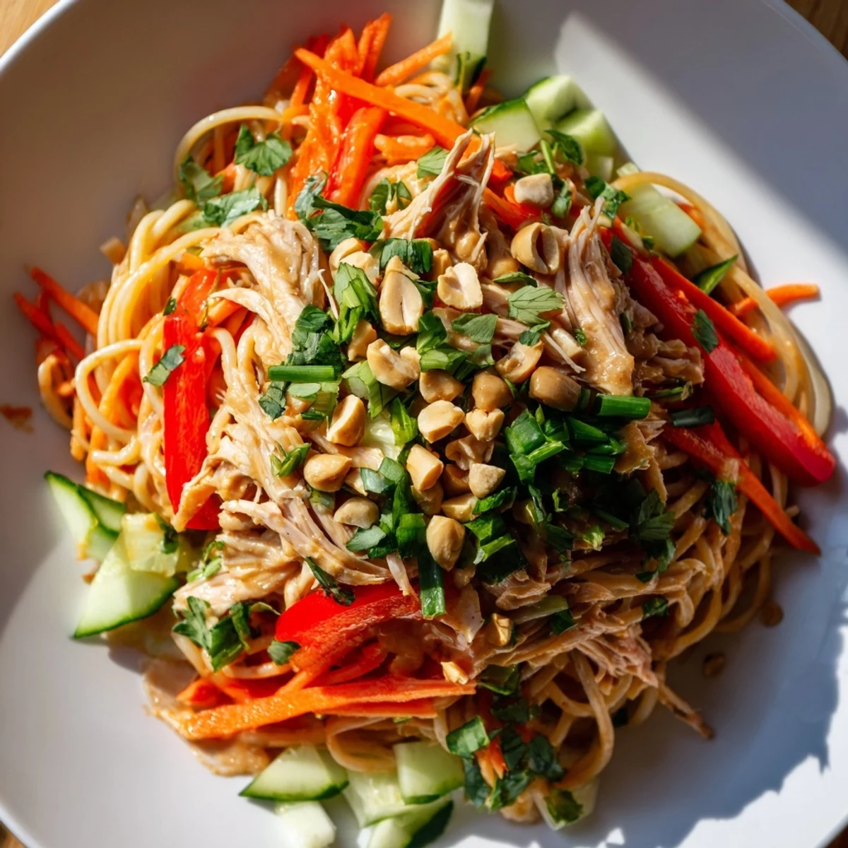 Enjoy a spoonful of the flavorful Thai-Inspired Peanut Chicken Pasta, perfect for a picnic or light dinner.