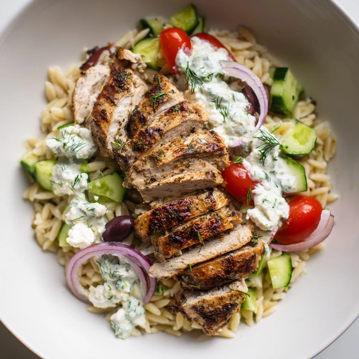 Flavor-packed Greek Chicken Gyro Pasta Bowls with juicy tomatoes and grilled chicken, perfect for a satisfying dinner.