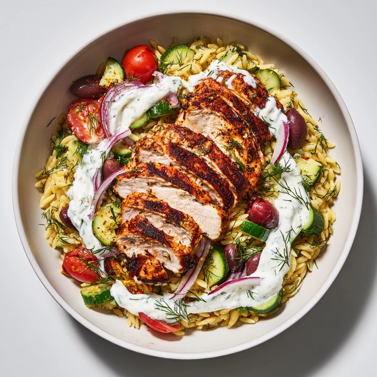 A visual feast of Greek Chicken Gyro Pasta Bowls, offering a delicious combination of Mediterranean flavors and textures.