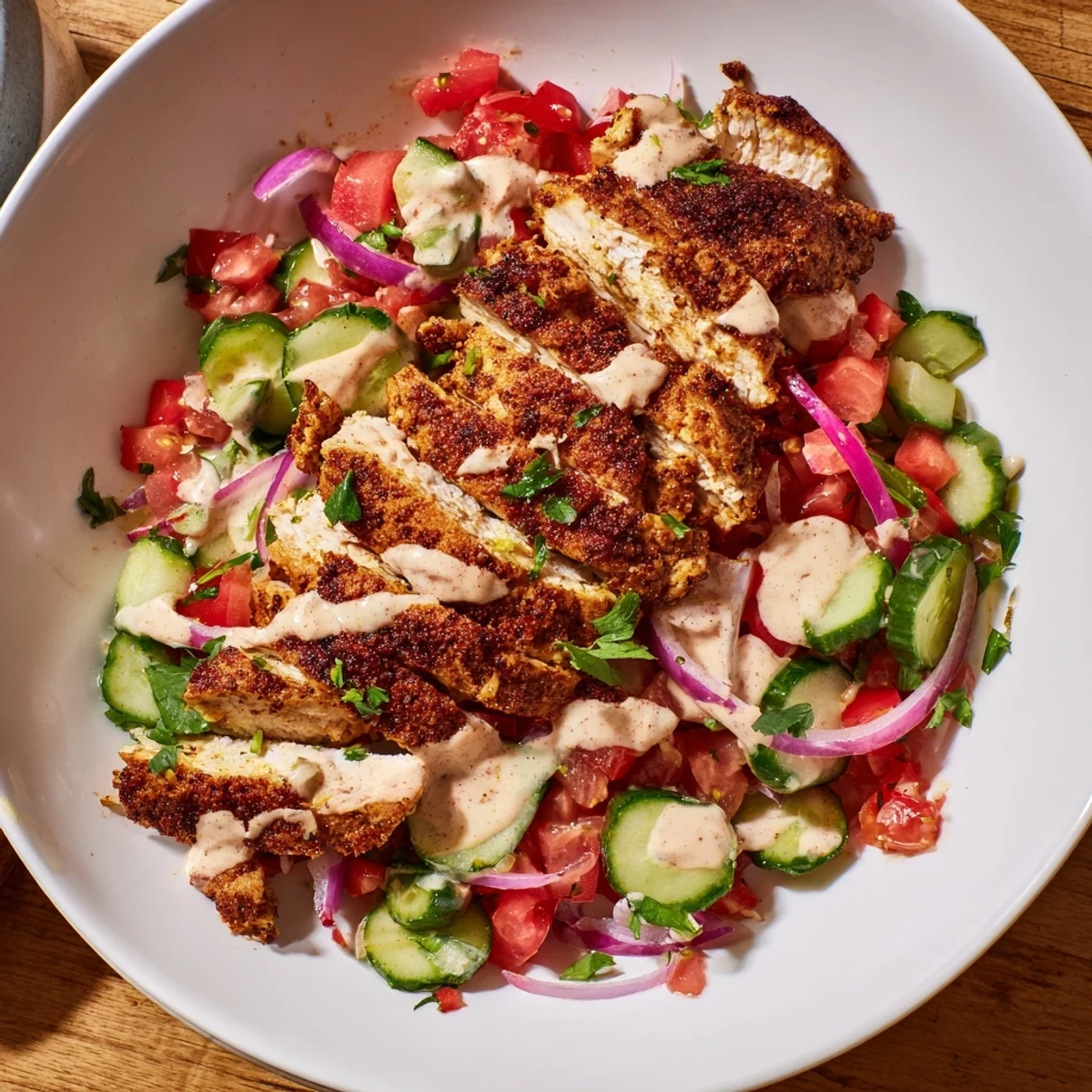 This Chicken Shawarma Salad image shows marinated chicken atop a fresh, vibrant Middle Eastern salad.