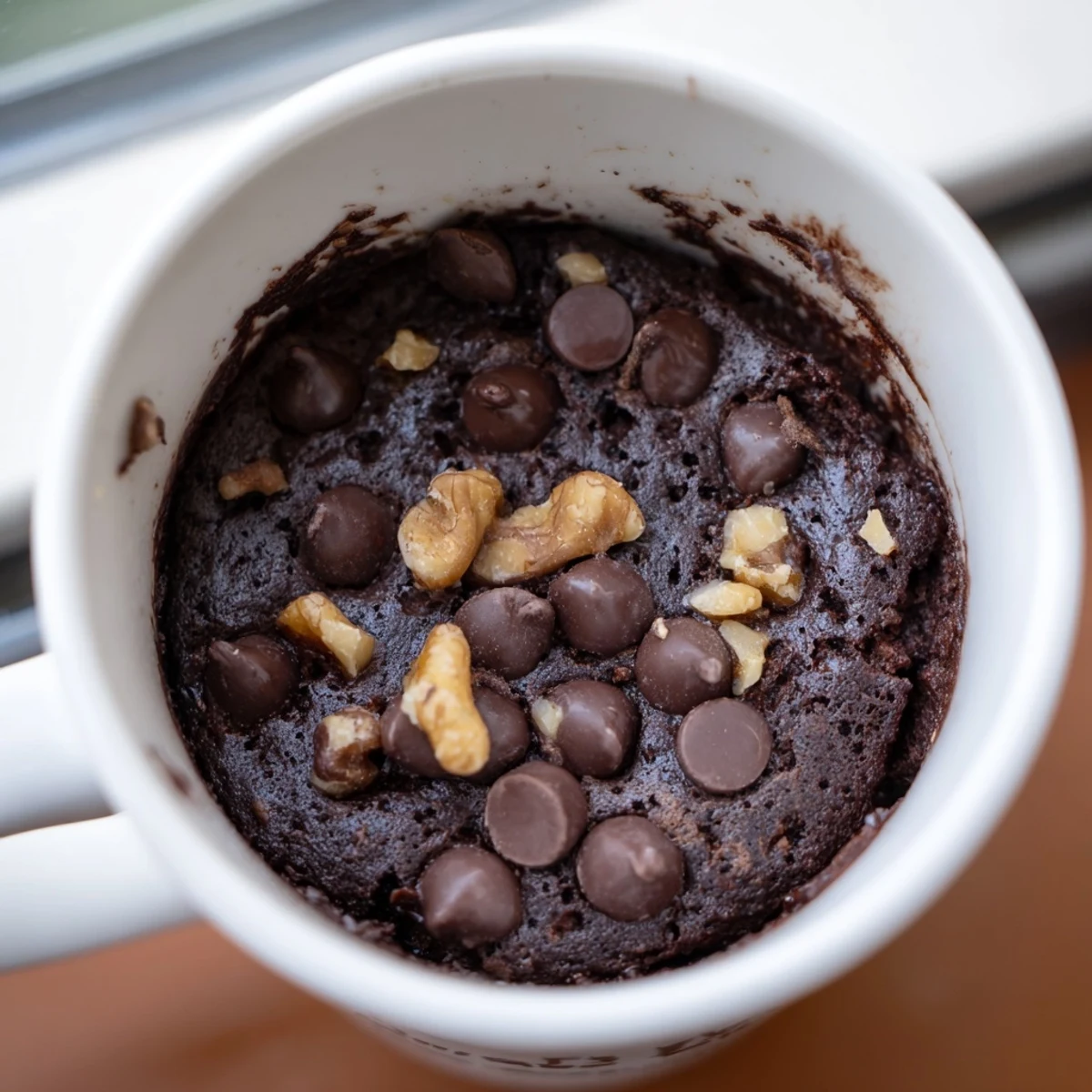 This easy Mug Brownie recipe shows a rich, chocolatey single serving in a ceramic mug.