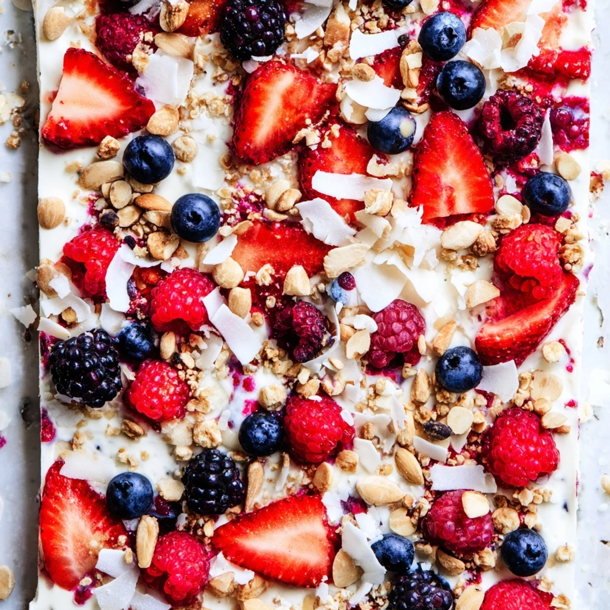 Vibrant Berry Yogurt Bark with fresh berries and crunchy granola, a perfect frozen treat.