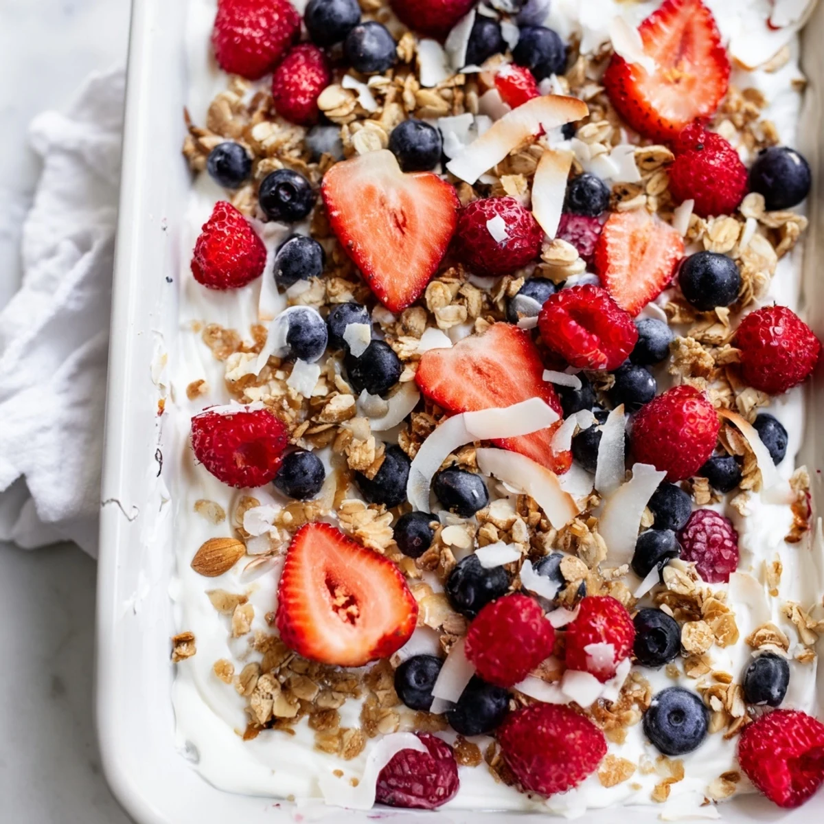 Homemade Berry Yogurt Bark with a creamy yogurt base, bursting with colorful, sweet berries.