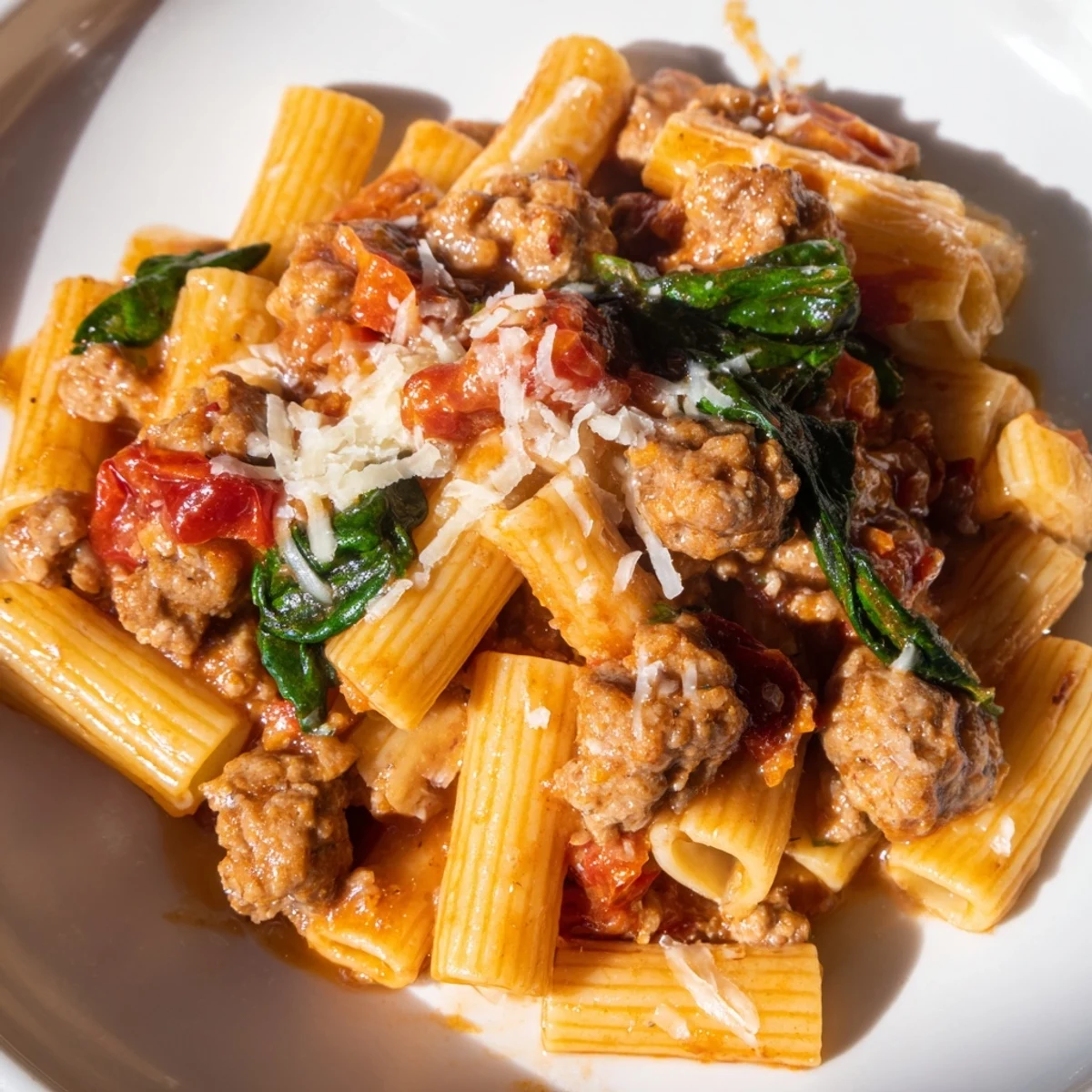 Creamy One-Pot Italian Sausage Tomato Pasta with a rich tomato sauce, perfect for a cozy dinner.