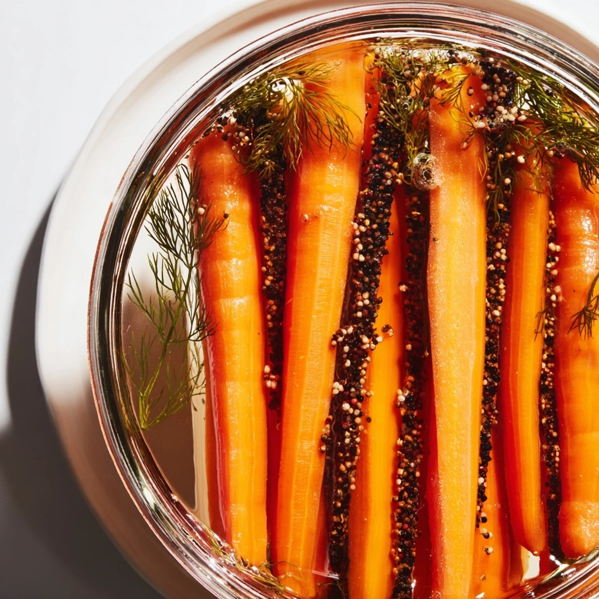 Quick Pickled Carrot Spears: Vibrant, crunchy carrot spears glistening in a glass jar, ready for snacking.
