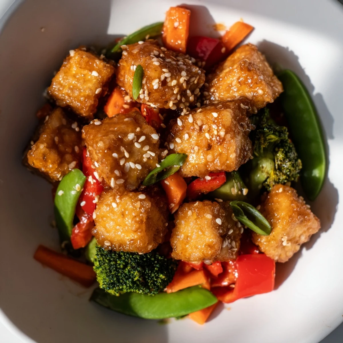Golden-brown Sesame Ginger Tofu Stir-Fry features crispy tofu and colorful stir-fried vegetables.