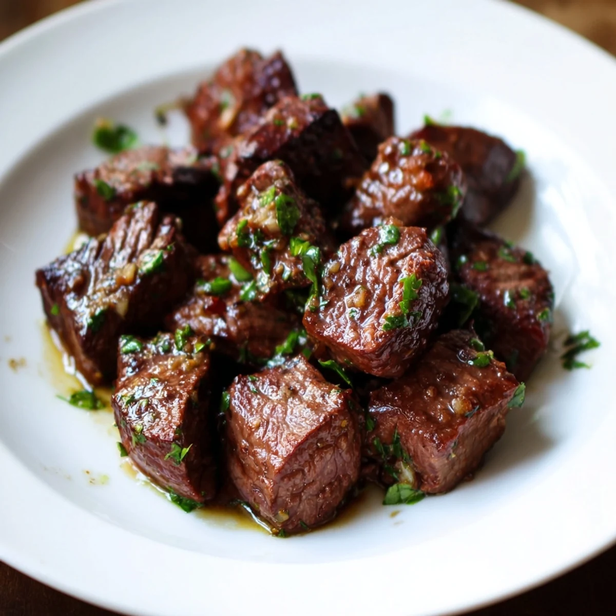 Golden-brown Air-Fryer Garlic-Butter Steak Bites, sizzling hot and glistening with the savory sauce.