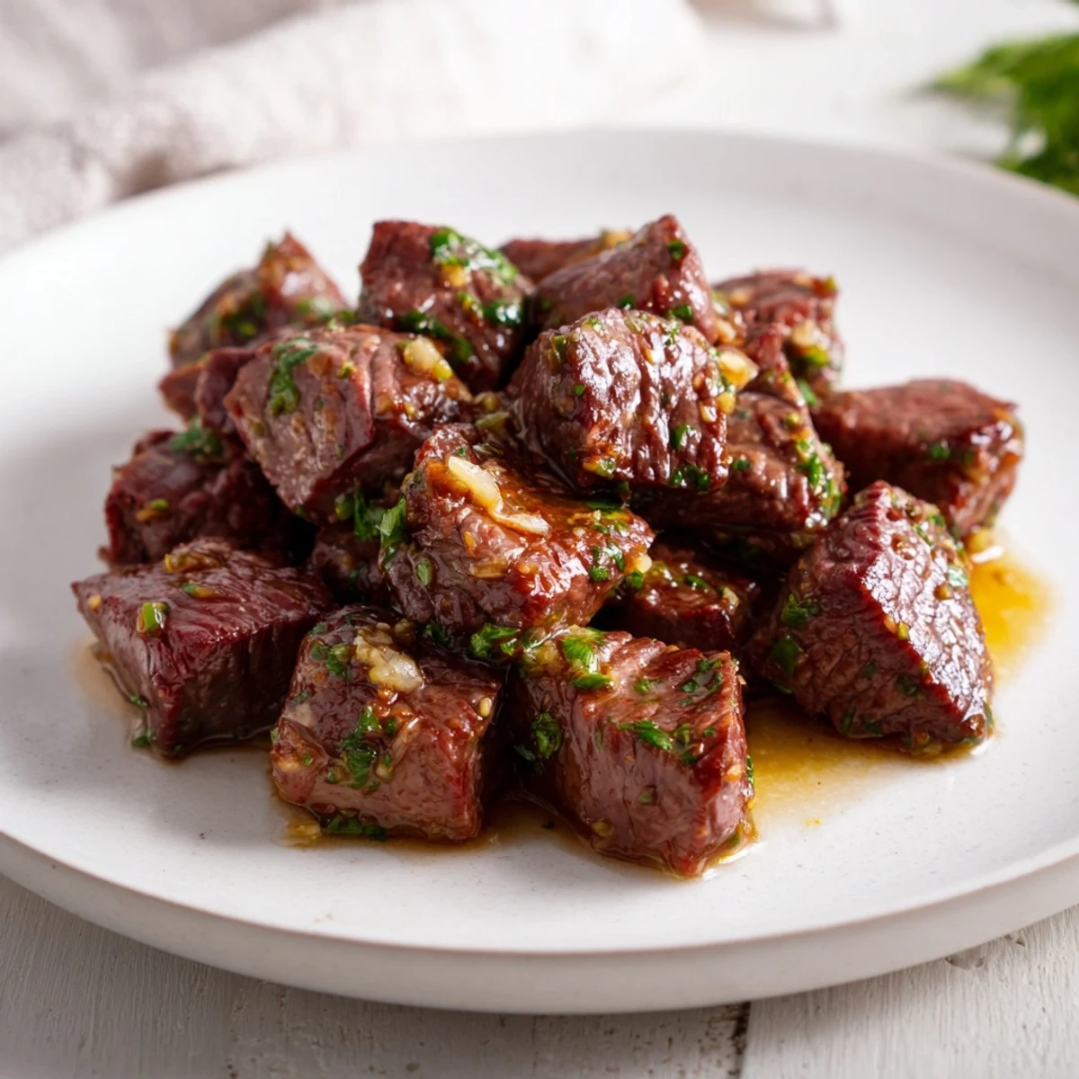 Close-up of perfectly cooked Air-Fryer Garlic-Butter Steak Bites, topped with fresh parsley, an easy appetizer.