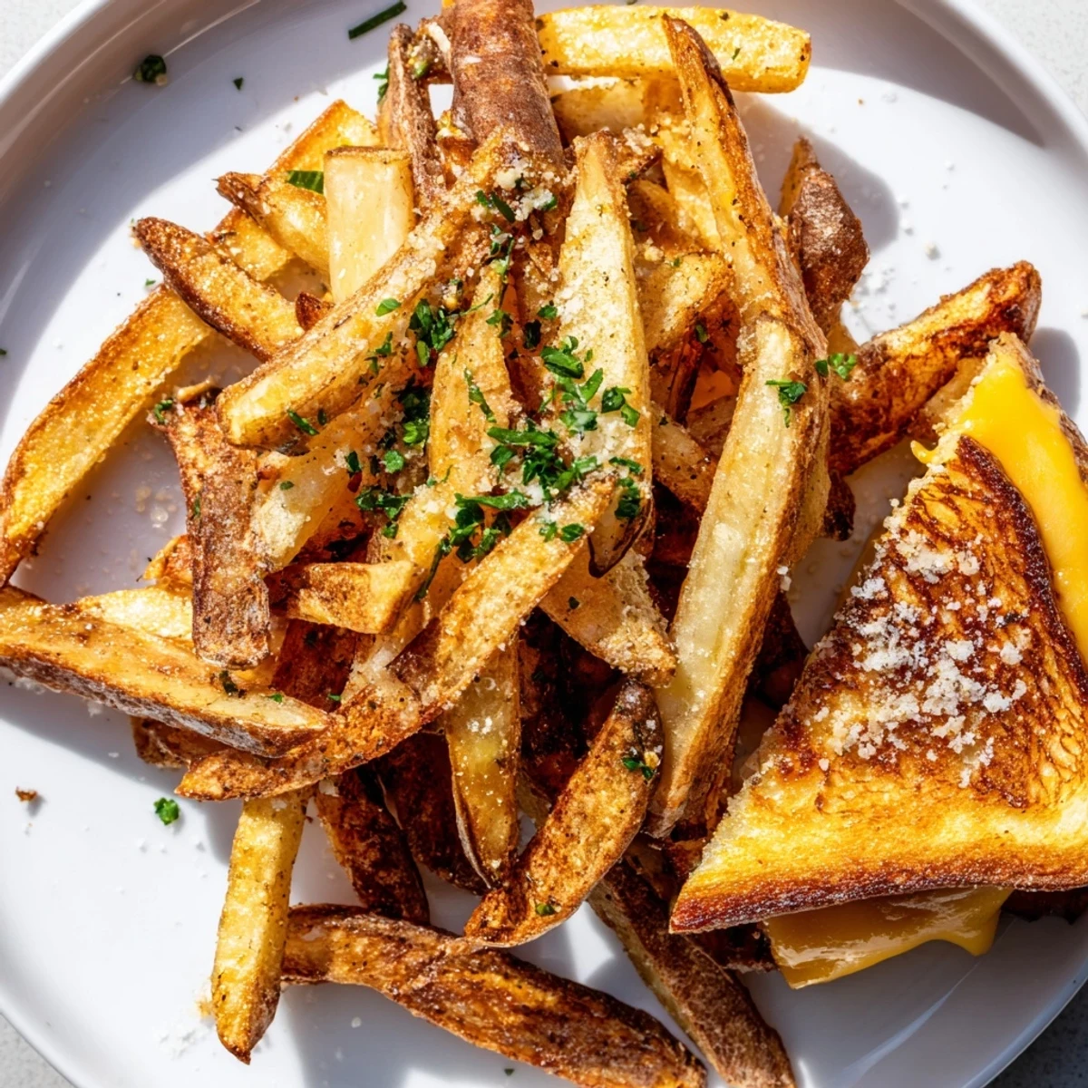 Golden, melty grilled cheese paired perfectly with crispy, golden beef tallow french fries—a comforting meal.