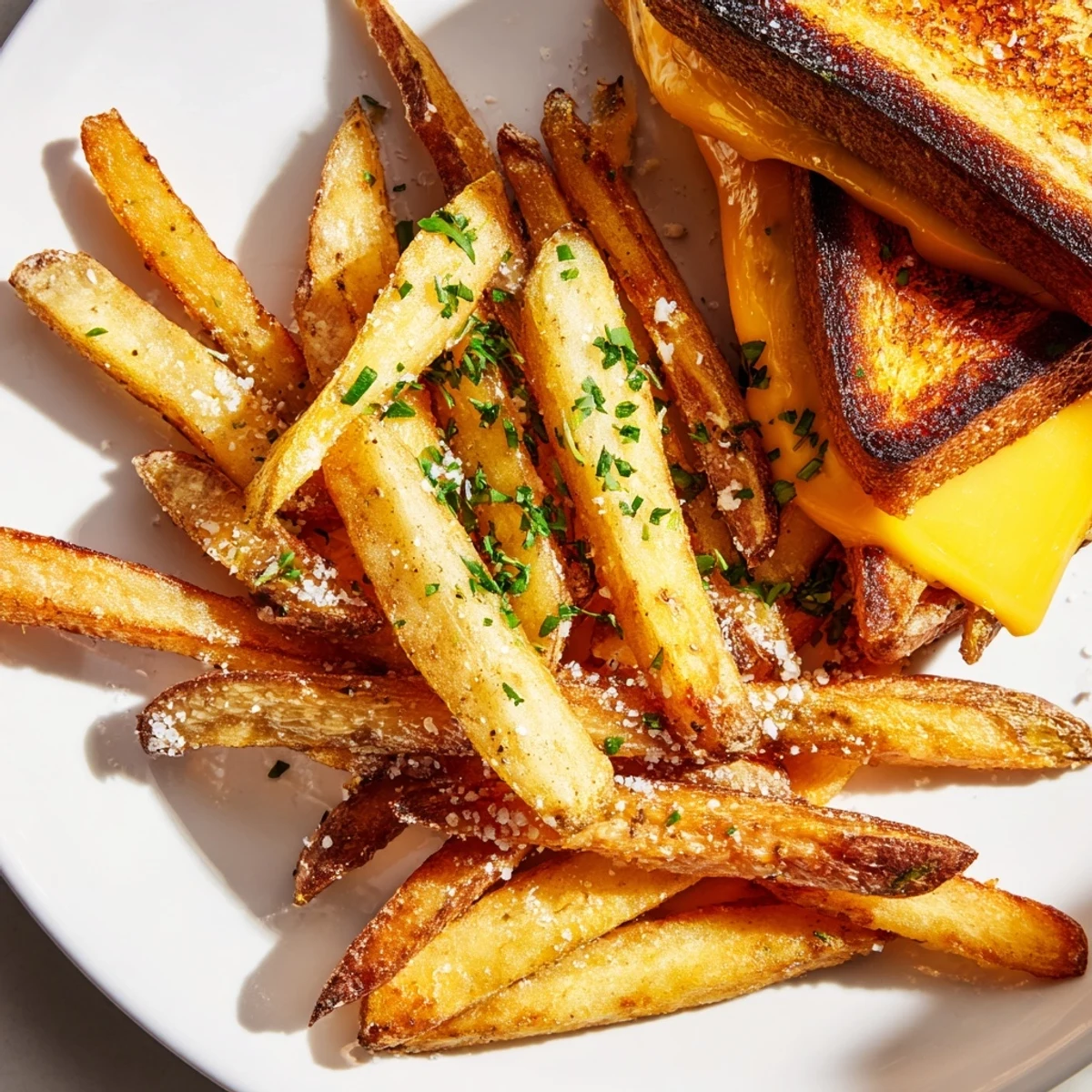 A close-up of a loaded plate showing the delicious beef tallow french fries and grilled cheese sandwich.