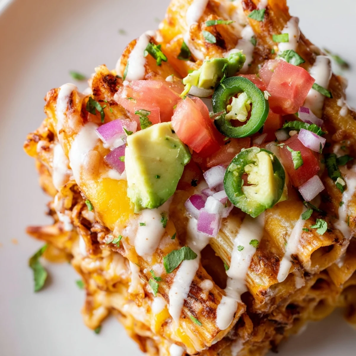 Golden, crispy Pasta Chips Nachos topped with melted cheese, vibrant veggies, and creamy sauce, ready to share.