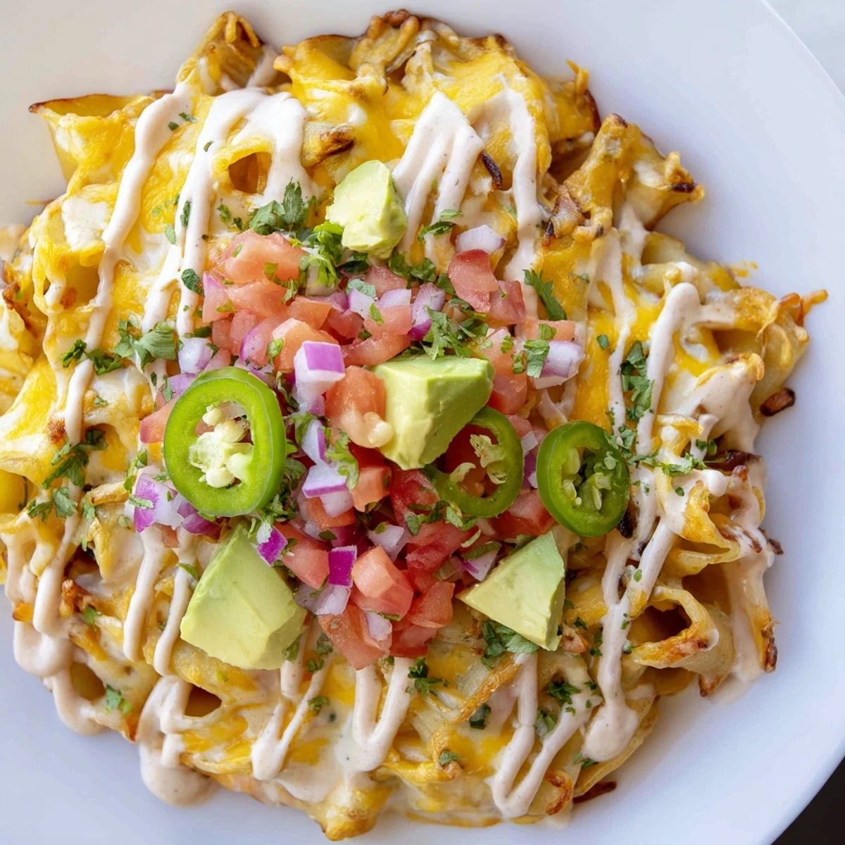 Cheesy and flavorful Pasta Chips Nachos with a colorful assortment of fresh toppings and a cool, creamy drizzle.