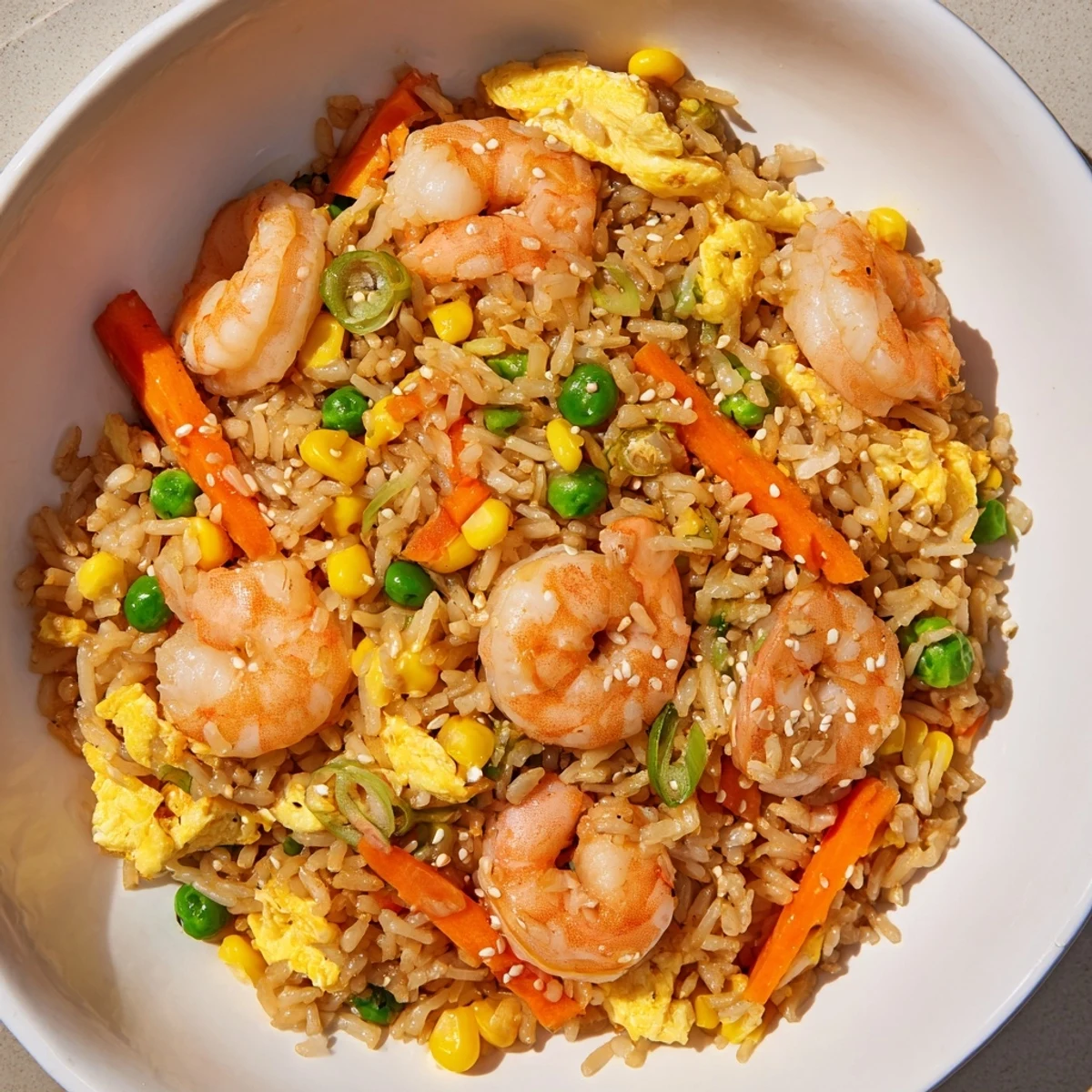 Steaming bowl of shrimp fried rice, garnished with scallions and sesame seeds, ready to eat.