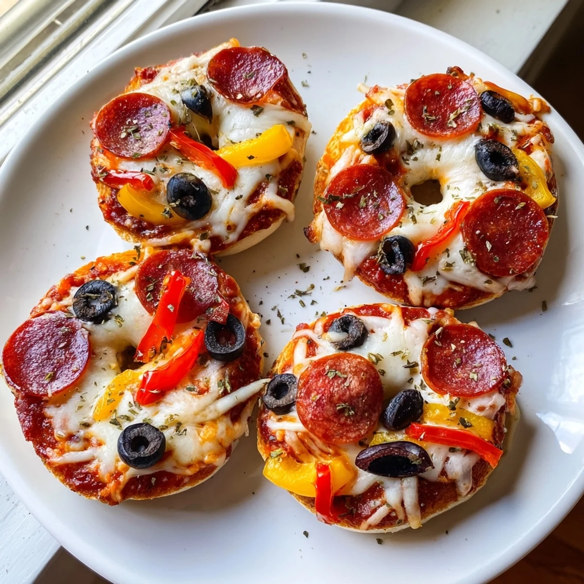 Golden, bubbly cheese covers warm mini bagel pizzas, a quick and easy snack ready to enjoy.