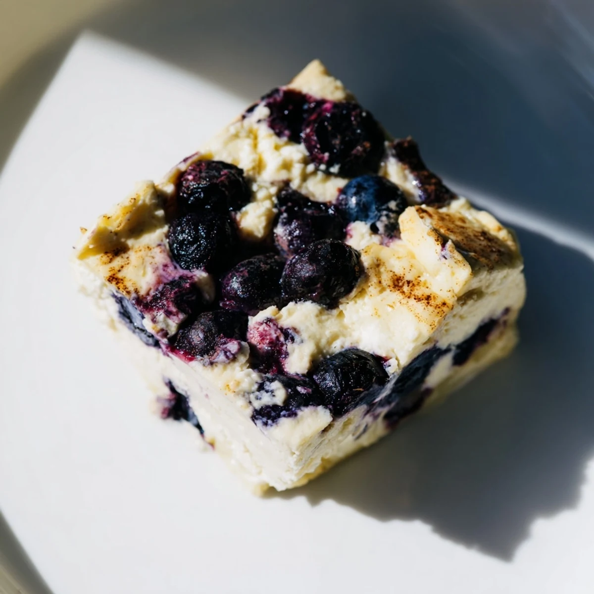 Golden-brown Blueberry Cottage Cheese Bake, baked to perfection with juicy, plump blueberries.