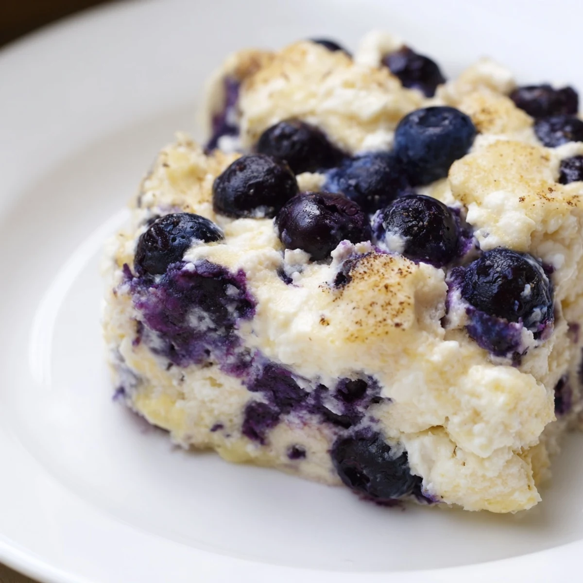 Fresh blueberries bursting in a creamy Blueberry Cottage Cheese Bake, perfect for a high-protein meal.