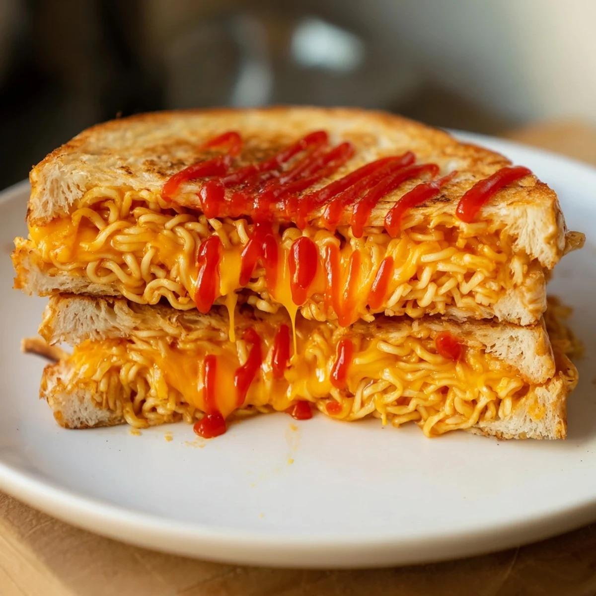 Golden-brown instant ramen grilled cheese with melted cheese and a drizzle of spicy hot sauce.