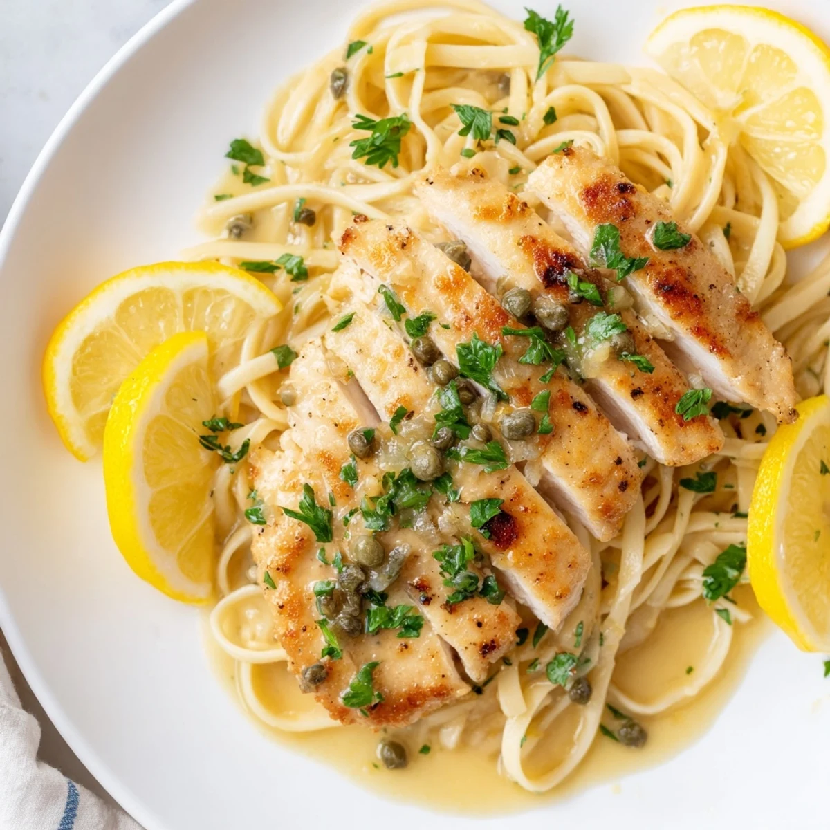 Quick Chicken Piccata Pasta with golden chicken breasts and a bright, zesty lemon caper sauce.