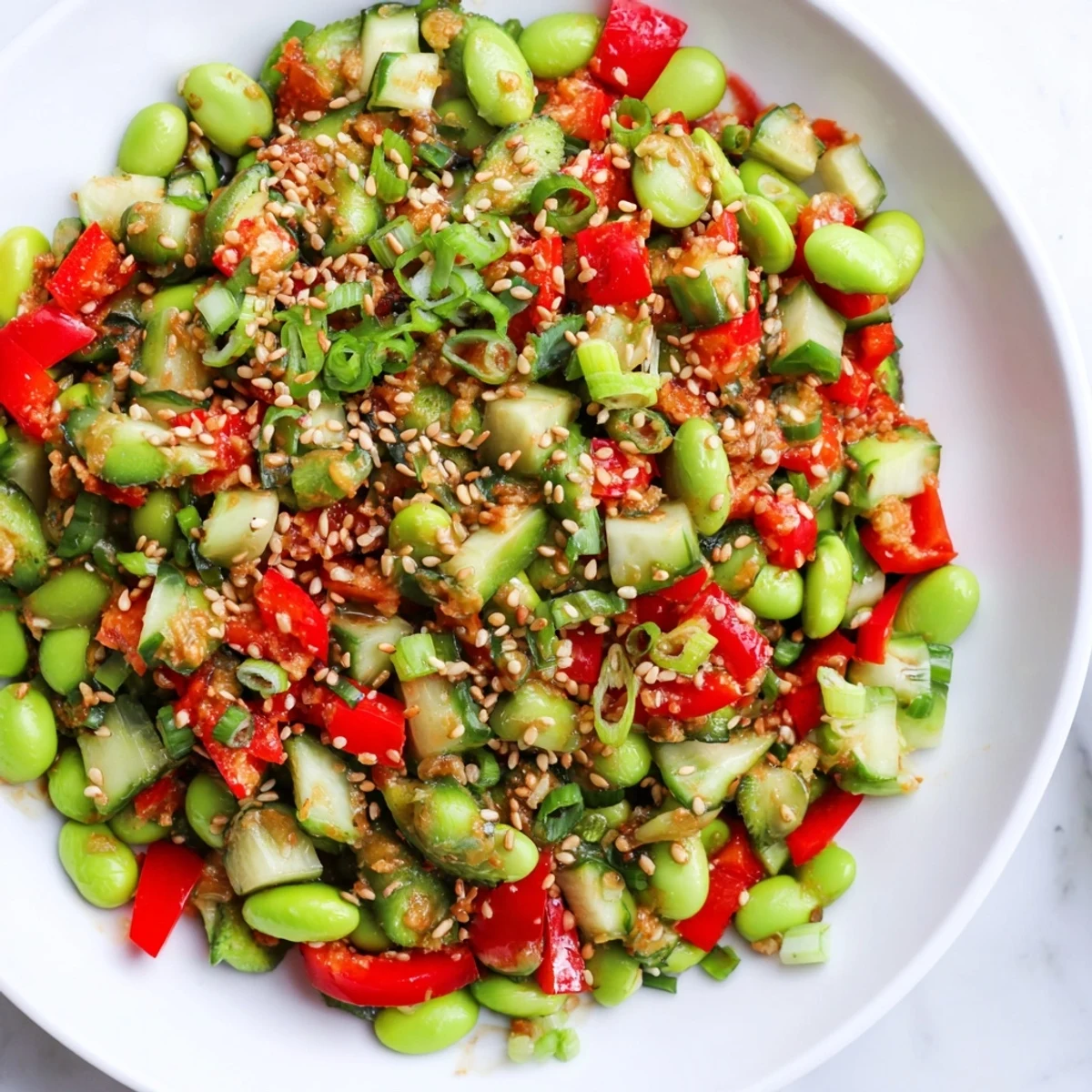 Vibrant edamame salad with crisp cucumber and savory sesame dressing, ready to enjoy.