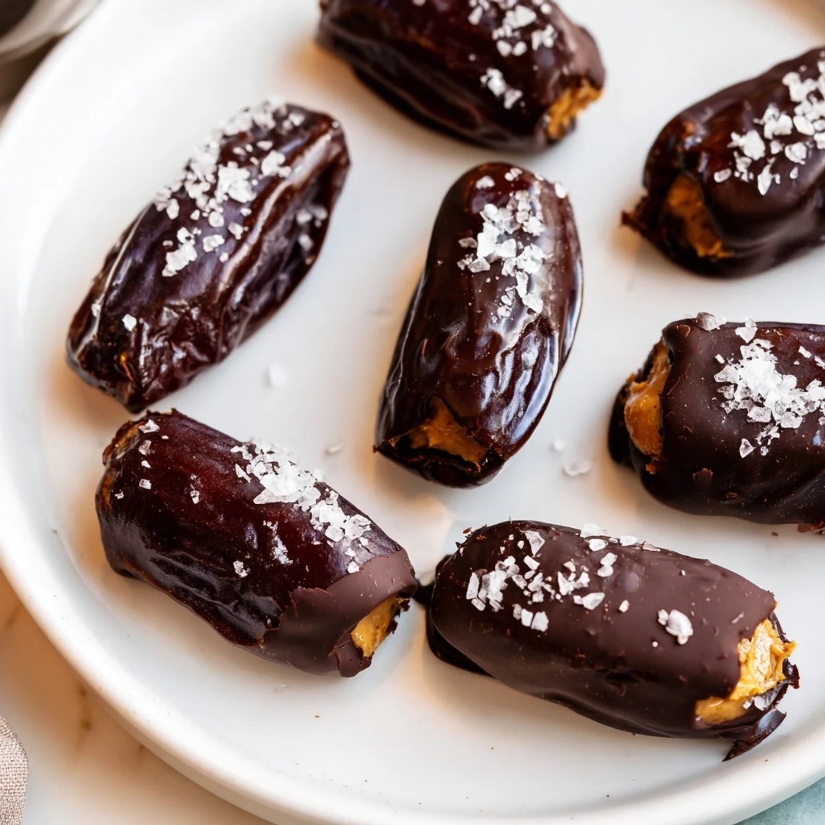 Close-up of glistening Chocolate Peanut Butter Dates, drizzled with dark chocolate and sea salt.