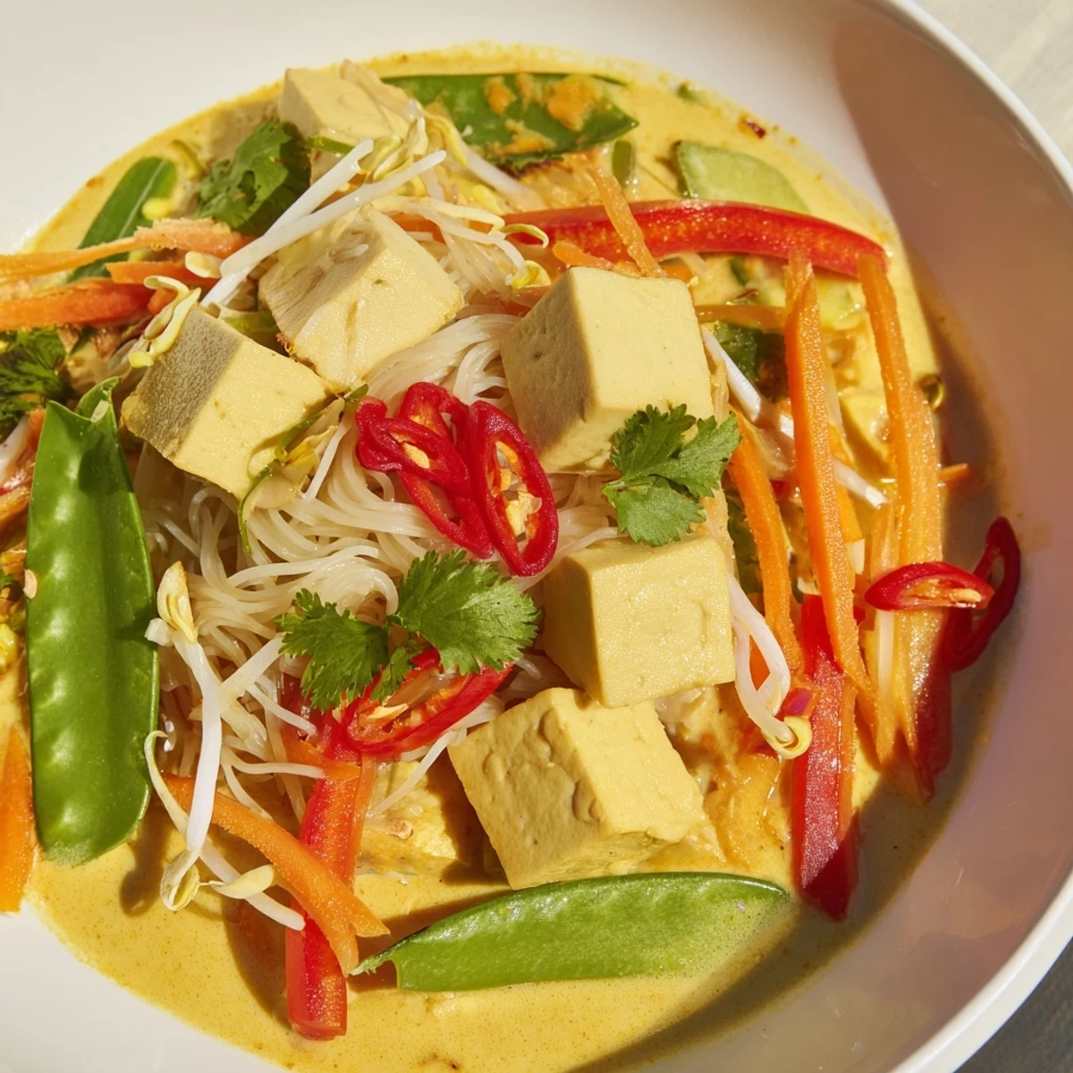 Steaming Malaysian Laksa curry served in a bowl, filled with noodles, tofu, and fresh toppings.