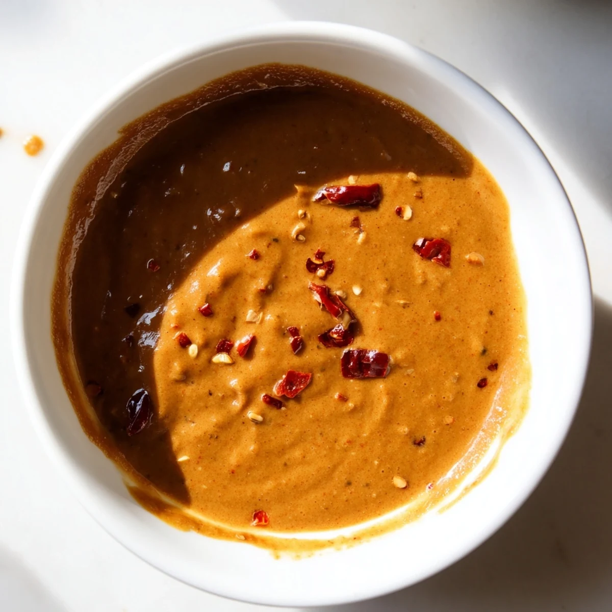 Golden brown Indonesian satay sauce, ready to be drizzled over grilled chicken skewers, looks delicious.