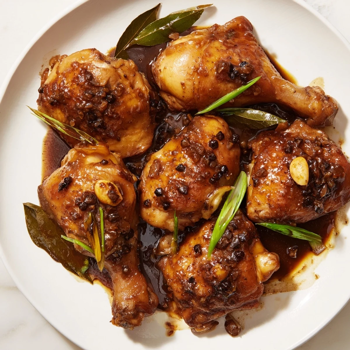 Tender Filipino Chicken Adobo, braised with garlic and rich soy sauce, served with steaming rice.