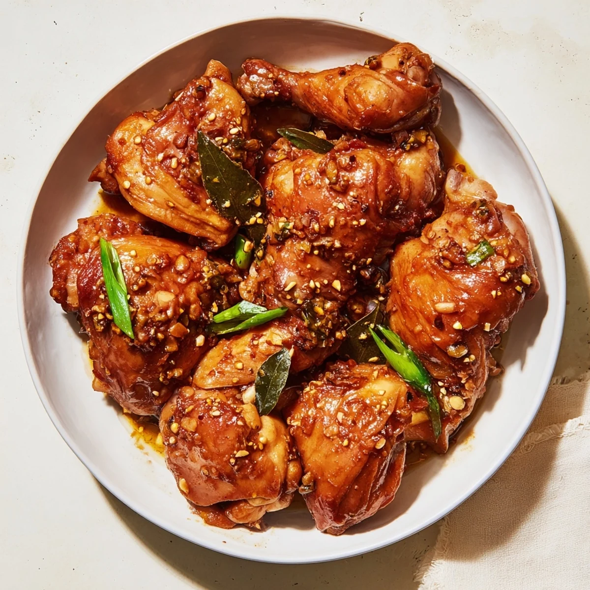 Delicious Filipino Chicken Adobo, ready to serve; juicy chicken in a tangy, savory sauce.