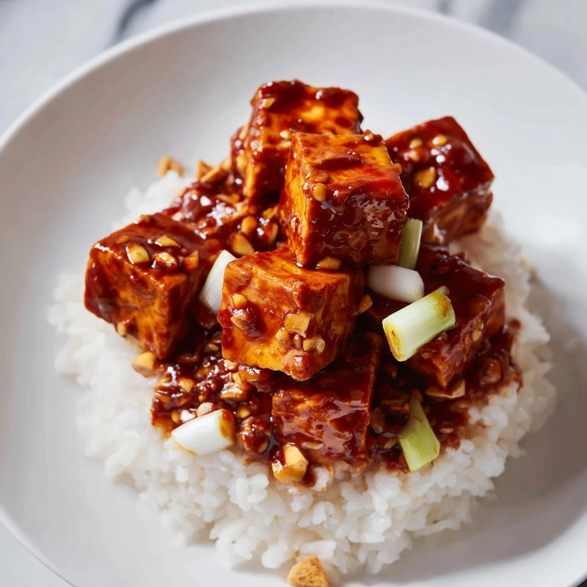 A close-up shot of Mapo Tofu, showcasing the rich, spicy chili sauce over tender tofu.