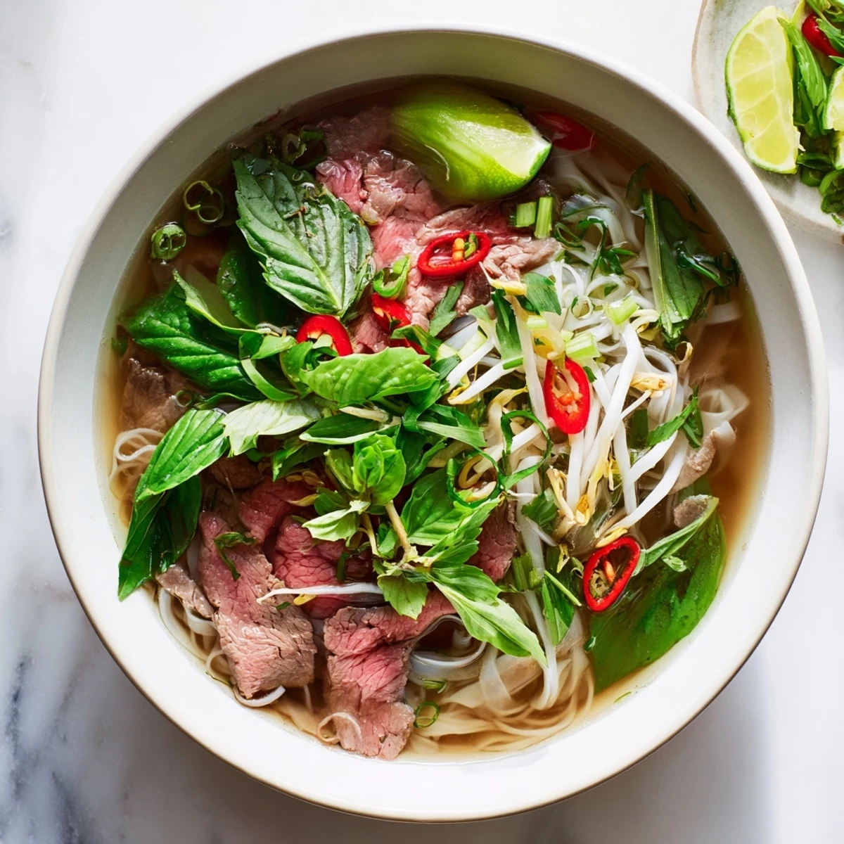 Aromatic broth simmering over noodles, topped with fresh herbs, in this quick Vietnamese Pho Express.