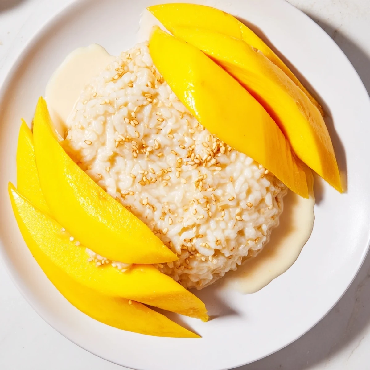 Creamy coconut-infused Thai Mango Sticky Rice alongside golden mango—a popular, delicious Thai dessert.