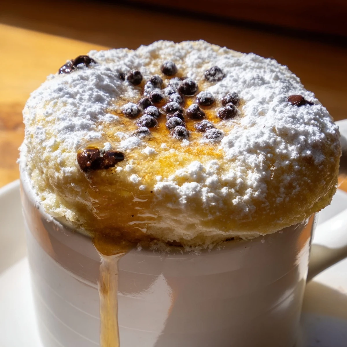 Warm and fluffy microwave mug pancakes, ready to devour, topped with fresh blueberries and syrup.