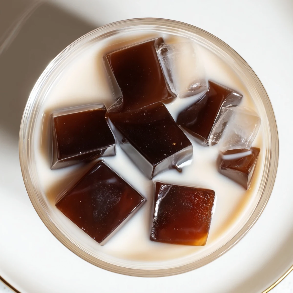 Refreshing Coffee Jelly Drink, a creamy dessert beverage with jiggly coffee cubes and sweet milk.