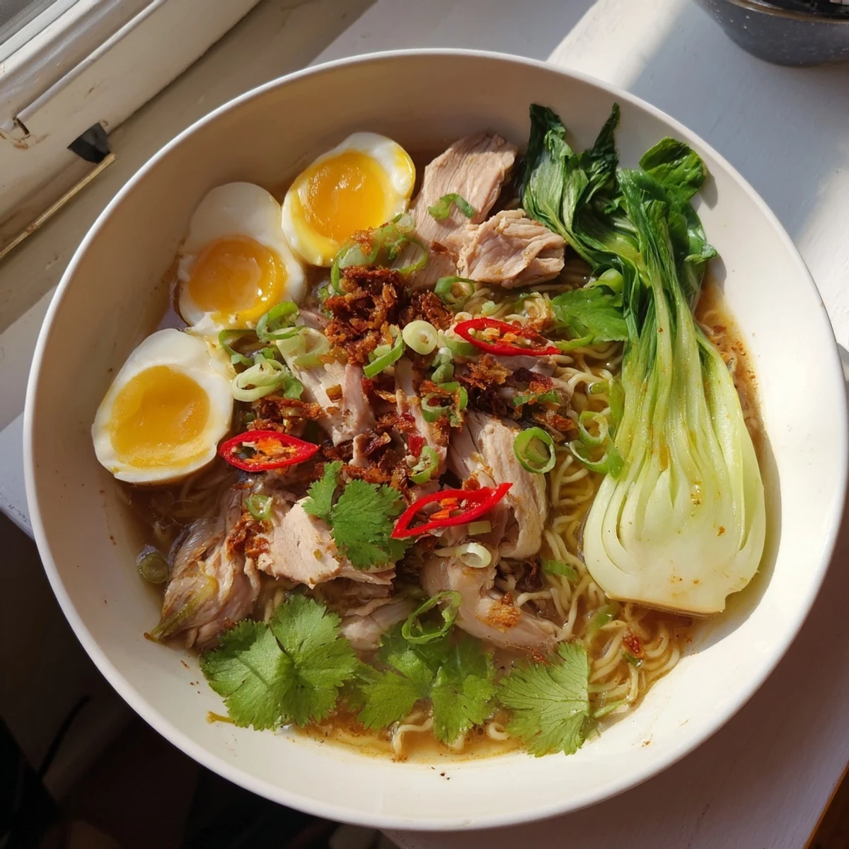 Steaming Thai Miso Ramen bowl featuring tender chicken and vibrant bok choy, ready to savor.