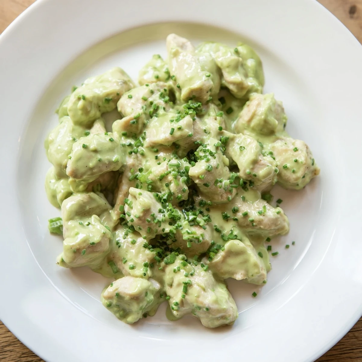 Close-up of diced celery and avocado ranch coating tender chicken pieces on a bed of chopped romaine for a light dinner.